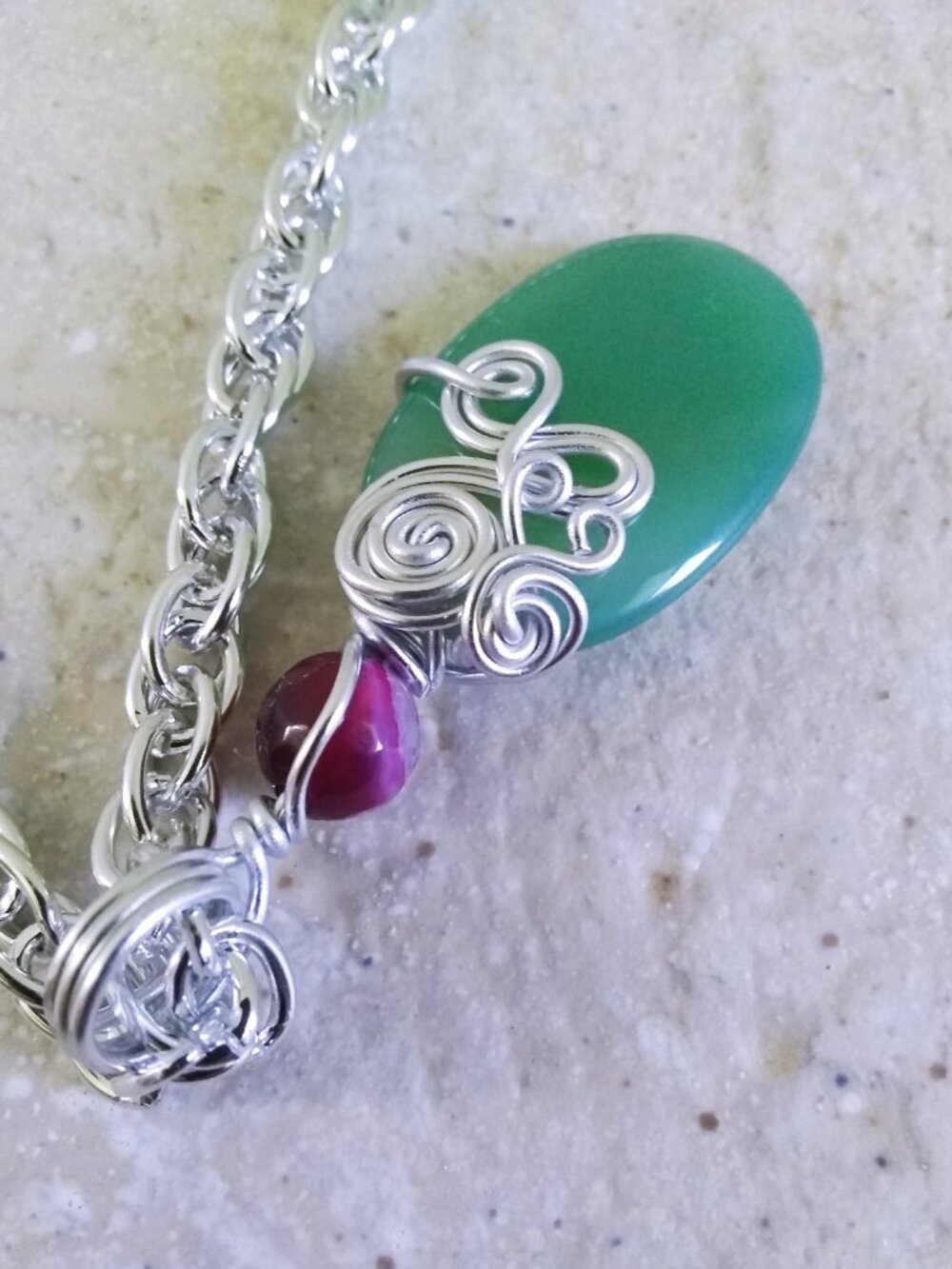 Handmade! Green + Raspberry Agate Pendant w. 18" Rope Chain - Vibrantly Unique! - Picture 10 of 11
